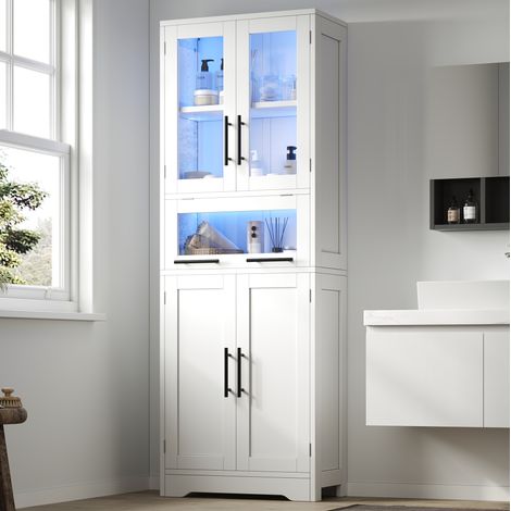 Armoire haute de salle de bain 60x30x170 cm blanche en MDF et verre avec LED réglable et étagères ajustables (1/5)