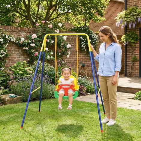 Balançoire jardin enfant Vert réglable avec dossier et barrière acier/PP 128x155x157 cm (1/4)