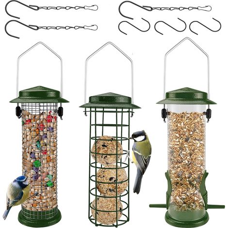 Mangeoire à oiseaux en métal à suspendre pour boules de graisse,Mangeoire à écureuils en maille avec crochet en acier,Mangeoire à oiseaux à suspendre à l'extérieur,Vert,Lot de 3 (1/5)