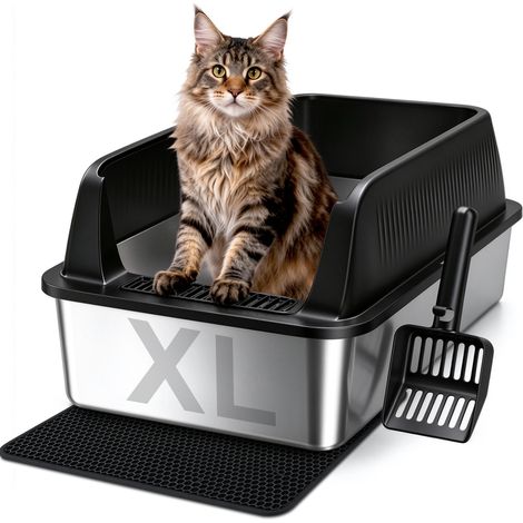 Bac à Litière Chat XXL en Acier Inoxydable, avec Pelle et Tapis, Bords Hauts Amovibles, Anti-Fuite et Anti-Odeurs, Noir 57 x 37 x 36 cm (1/5)