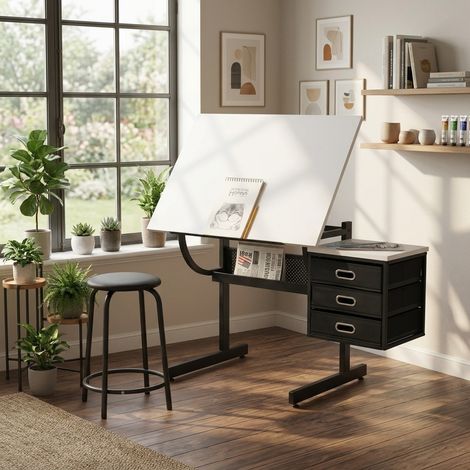 avec tabouret et 3 tiroirs de rangement, Table à dessin blanche (1/5)