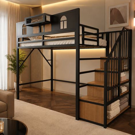 Metall-Hochbett 90 x 200 cm mit Stauraum, schwarz OKMYHOME (1/5)