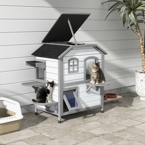 Niche pour chat, abri pour chat, grotte pour chat, 2 étages, résistante aux intempéries, 99,5 cm x 76 cm x 91 cm, blanc et gris (1/5)
