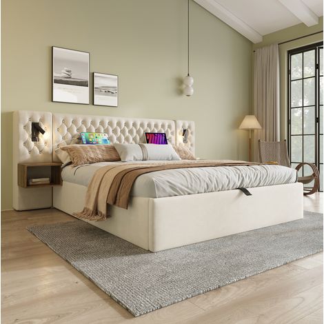 Lit coffre 160x200 avec chevets USB velours beige HAVRYA (1/5)