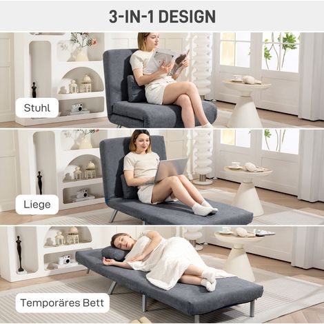 Fauteuil convertible rembourré en canapé-lit 3 en 1, lit d'appoint en tissu gris foncé avec coussins intégrés