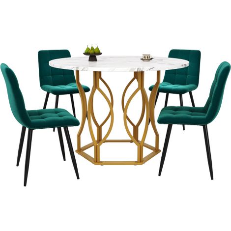 Table ronde 100cm MDF, pieds dorés et 4 chaises velours vert foncé