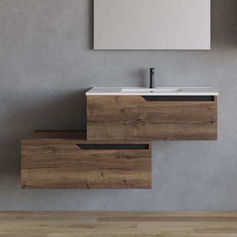 Meuble de salle de bain 120cm avec plan simple vasque - sans miroir - 2 tiroirs - tabaco (bois foncé) - CADIX (1/5)