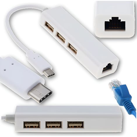 USB-C-Hub auf 3 x USB 2.0 / Ethernet RJ45 Netzwerkkarten-Internetadapter (1/5)