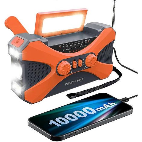 Radio d'urgence 10 000 mAh, radio solaire à manivelle, radio portable avec chargeur de téléphone et lampe torche LED orange (1/5)