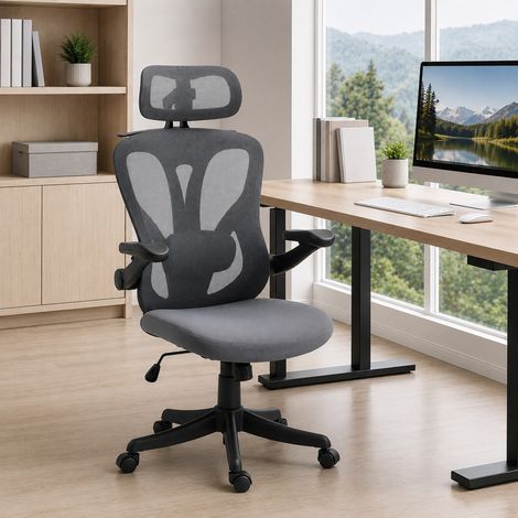 Chaise de bureau ergonomique, accoudoirs relevables 3D, appui-tête 2D, porte-manteau, maille, gris foncé (1/5)