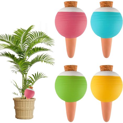 Pflanzenwasserspender, 4 Stück, Pflanzenbewässerungskugel mit 4 Kappen, Pflanzenbewässerungskugeln, selbstbewässernde Spikes, Terrakotta, hält die Bodenfeuchtigkeit 3–7 Tage lang aufrecht
