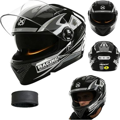 Casque de moto intégral, double visière, col amovible, noir (1/2)