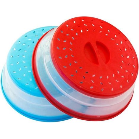 Lot de 2 couvercles pliables pour micro-ondes sans BPA TPR, 26,7 cm, rond avec poignée rouge + bleu… (1/4)