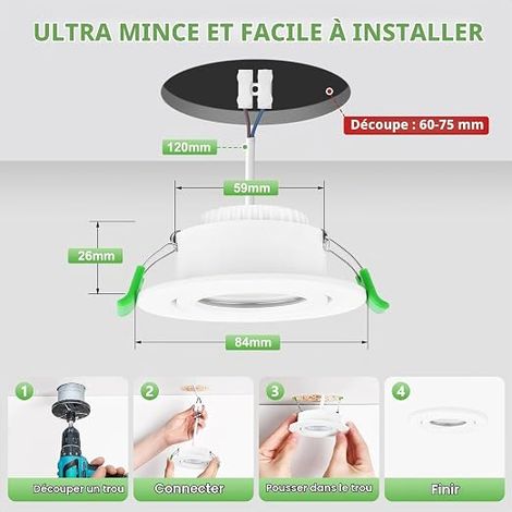 Spot led encastrable GU10 cadre IP65 Module LED 2700K, Spot encastrable 230V Blanc mat Spots de plafond Rond plat Spot 68mm Trou pour extérieur-intérie, Non dimmable (1/4)