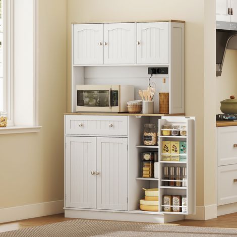 Buffet haut cuisine armoire station charge 6 portes plan travail porte-épices 100x40x173 cm blanc. Armoire de cuisine avec station de charge et porte-épices, moderne et fonctionnelle. (1/5)
