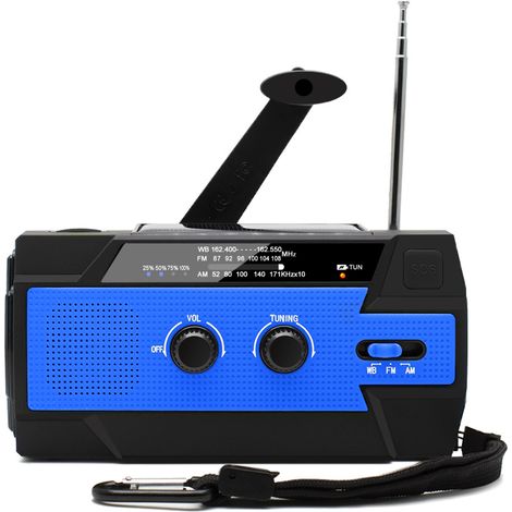 Radio Solaire à Manivelle Portable Radio Dynamo Rechargeable avec AM/FM/WB Batterie Rechargeable Intégrée 4000mAh 4 Modes Lampe de Poche LED Alarme SOS pour Urgence en Plein Air，azul (1/5)