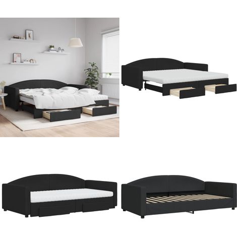 vidaXL Lit de jour avec gigogne et tiroirs noir 100x200 cm tissu
