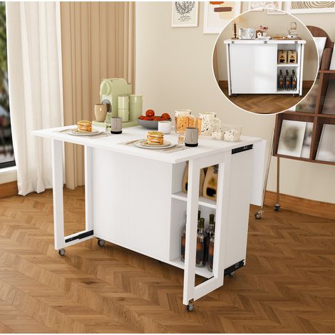 Mesa de comedor plegable multifunción con ruedas bloqueables, blanca OKMYHOME (1/5)