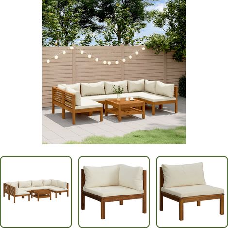 vidaXL Table basse - Salon de jardin 7 pcs avec coussin crème Bois d'acacia solide (1/5)
