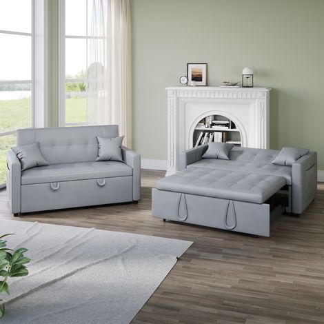 ELEGANT 2-Seater Sofa Bed 3-in-1 with Storage, Hidden Pull-Out Bed, Adjustable Backrest and 2 Cushions, Light Gray