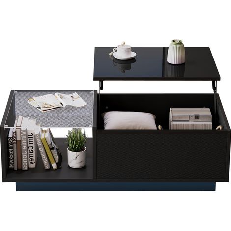 Table basse LED laquée brillante, table de salon réglable en hauteur avec rangement caché, 50 x 100 x (33-46,5) cm