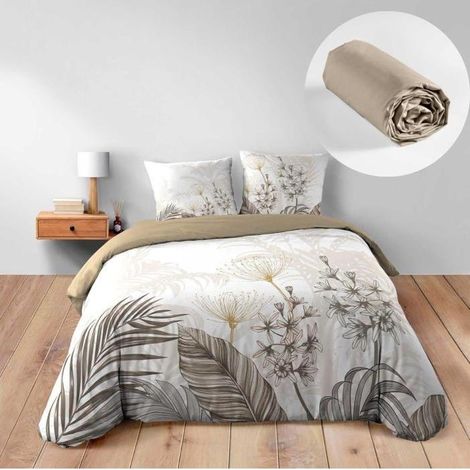 Douceur D'Intérieur – Parure de lit Bastille – Housse de couette 240x220 cm en coton 42 fils – Drap-housse beige 140x190 cm – Motifs feuillages et fleurs exotiques (1/4)