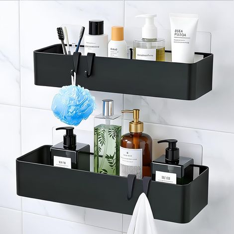 2 Pièces Etagere Douche, Métal Noir, 4 Crochets, Sans Percage, Adhésif, Pour Salle De Bain Cuisine