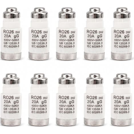 Fusible Neozed D02 20A gG 400VAC, Insert Fusible en Céramique Type D0, Protection Câbles et Lignes Électriques, Compatible Tableaux Électriques et Installations Domestiques, Lot de 10 (20A) (1/5)