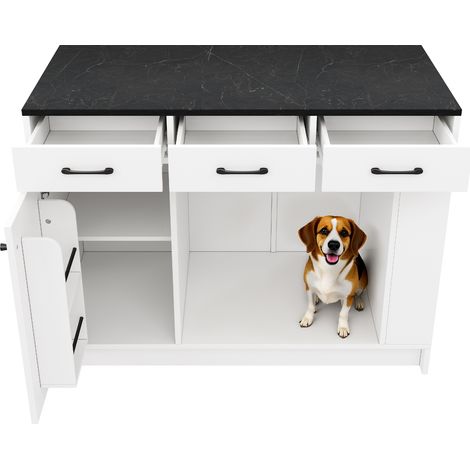 Îlot de cuisine blanc avec 3 tiroirs, étagère à épices et rangement pour animaux 120 x 60 x 90 cm (1/5)