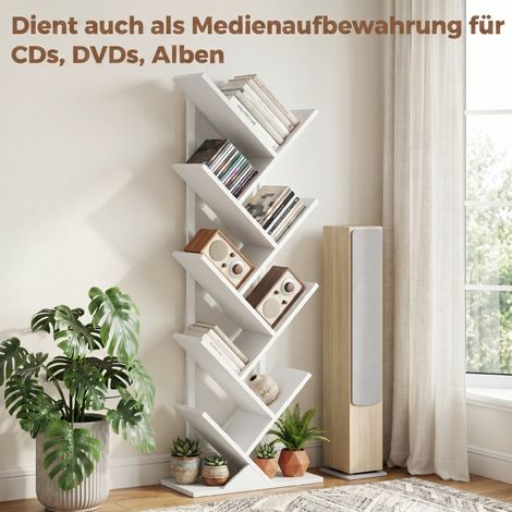 Étagère à livres en bois 9 niveaux, bibliothèque autoportante style industriel avec cadre en acier, meuble de rangement pour CD, DVD, blanc (1/5)