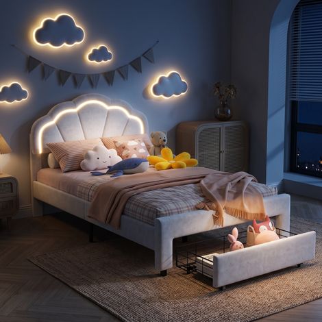 Lit Simple 90x190 cm avec sommier, Lit Enfant avec Tiroir de Rangement et Tête de Lit LED - Lit fille design pétale, tête de lit coquillage réglable, flanelle, Blanc (1/5)