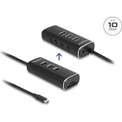 Delock Concentrador USB 10 Gbps de 3 puertos con lector de tarjetas SD y Micro SD con conector USB Type-Câ¢ 60 cm Cable e interruptor para cada puert