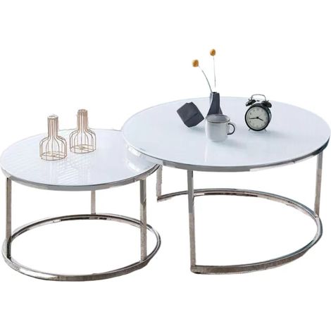 Lot de 2 tables Basses Gigogne ARTO inox et plateau en verre BLANC (1/5)