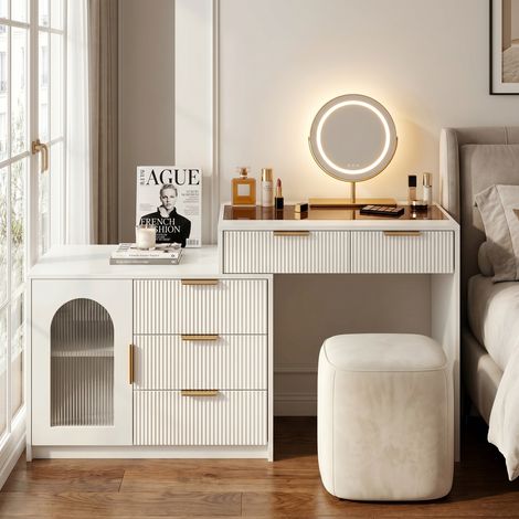 Coiffeuse moderne avec miroir led tactile - table de maquillage extensible avec plateau en verre trempé et tiroirs de rangement effet cannelé - h75 x l90-160 x p40 cm - blanc