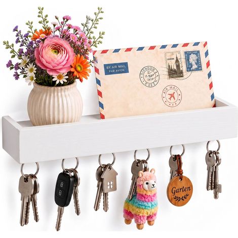 White Bamboo-Iron Key Rack with 6 Hooks and Shelf (1/5)