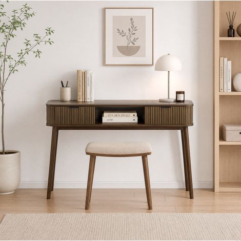 Consola de estilo mid century (133.5x42x14.3 cm), con 2 cajones y estante abierto, MDF y tablero de partículas, color nogal (1/5)