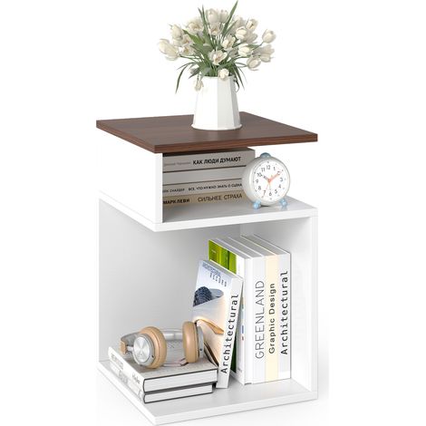 Table d'Appoint en Forme S, Bout de Canapé avec 2 Casiers Ouverts, 3 Étagères Design Géométrique Compacte, Blanc, pour Salon Chambre, Blanc+Noyer (1/5)