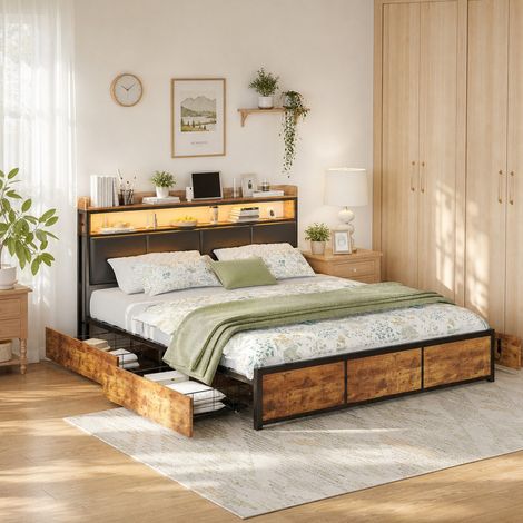 Lit avec 4 tiroirs 140x200 cm, lit double industriel avec tête de lit rangement, cadre métal, tiroirs sous lit, sommier métal, pour chambre adulte