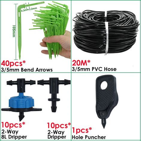 (KSL01-KIT380-8L-2WAY) Système d'irrigation goutte à goutte pour serre, 4 voies, 3/5 mm, 2 voies, avec émetteur fléché, pour plantes en pot. (1/4)