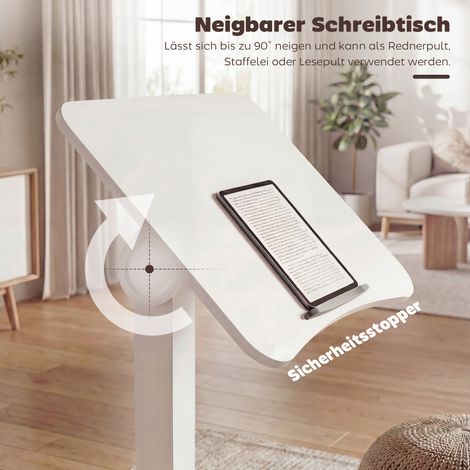 Bureau debout réglable en hauteur, bureau mobile avec plateau inclinable, butées de sécurité, roulettes, blanc (1/5)