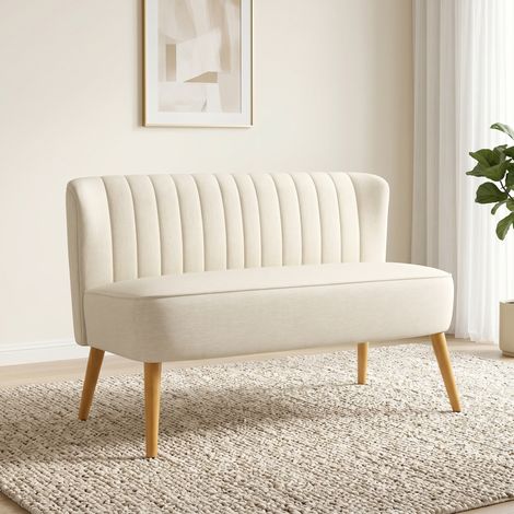 Canapé 2 places en tissu effet lin sans accoudoirs avec pieds en bois, 117x56,5x77 cm, blanc crème (1/5)