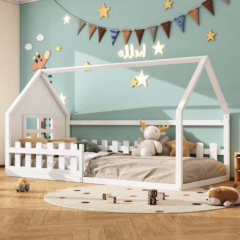 lit enfant maison 90x200 pin blanc robuste HAVRYA (1/5)
