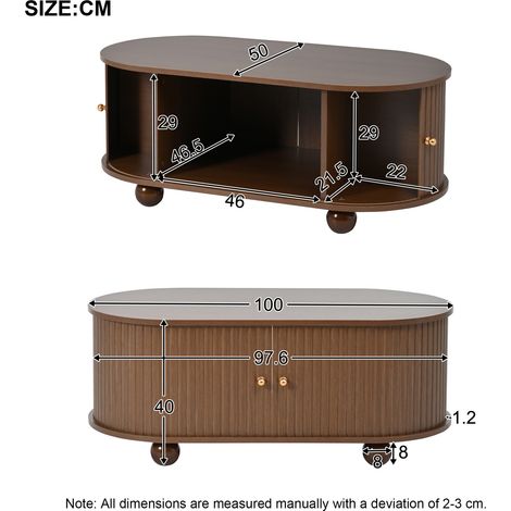 Mesa de centro ovalada 100x50x40 cm nogal con almacenaje y puertas correderas, MDF, MEUBLIV (1/5)