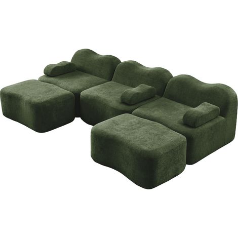 Canapé modulable en U sans armature avec 2 poufs, assise profonde, velours vert, dossier ondulé et modules flexibles pour salon, par CHICFURN (1/5)