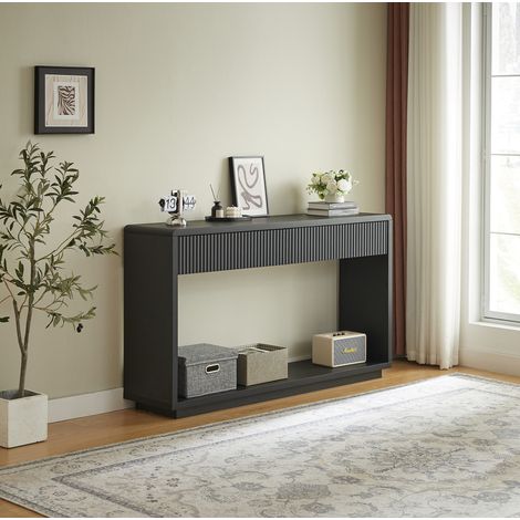 Table console 150 x 35 x 85 cm avec 2 tiroirs et niche ouverte, pour entrée et salon, panneaux noirs (1/5)