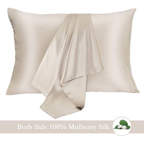Taie d'oreiller en soie de mûrier 100% naturelle, lot de 2, double face 16 momme qualité 6A, housse douce respirante et lisse pour cheveux et peau - King, beige (1/4)