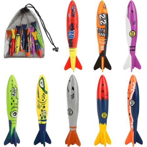 Lot de 8 torpilles de plongée pour piscine et bain - Jeux de natation d'été pour enfants de 4 à 8 ans, plage/jeux aquatiques et cadeaux de fête (1/5)