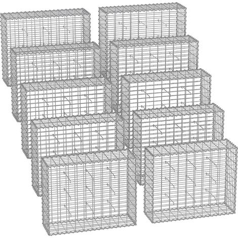 Juego de 10 gaviones para piedra jaula metálica cesta de piedra malla de 5 x 10 cm galvanizado para pared parterre decoración de jardín 100 x 50 x 30 cm gris 120005956