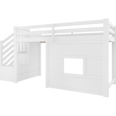 Letto a soppalco 90 x 200 cm con scala contenitore e finestra, bianco (1/5)