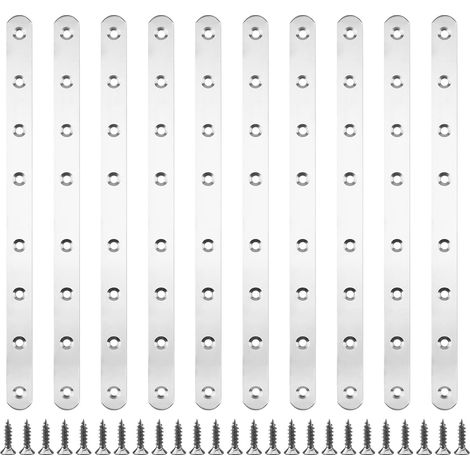 10 pièces 293 x 19 x 3 mm Pattes D'assemblage Supports de Fixation Droits Plats Plaques Dassemblage Métalliques en Acier Inoxydable avec 80 vis de Fixation pour Cadres de Lit, Chaises, Tables